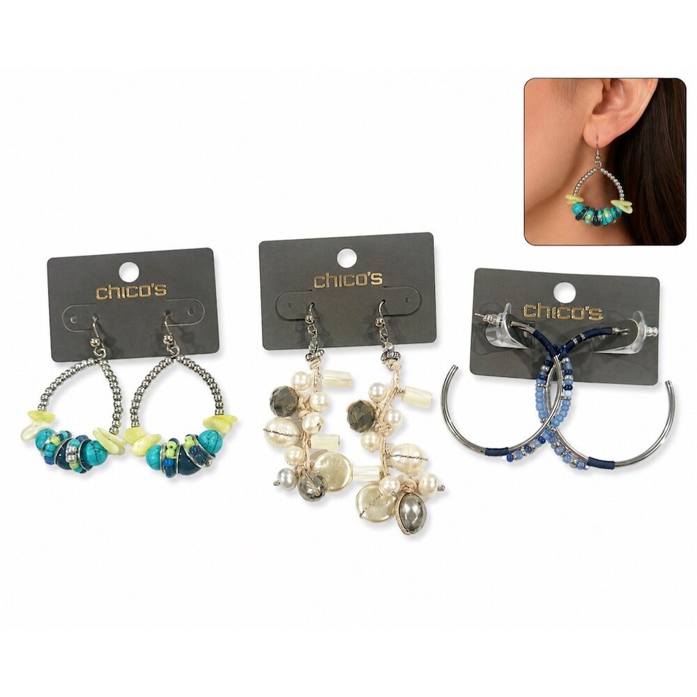 $78 Chico's Earrings Lot 3 Pairs Beaded Hoop Drops Pearl Dangles Blue Hoops cute